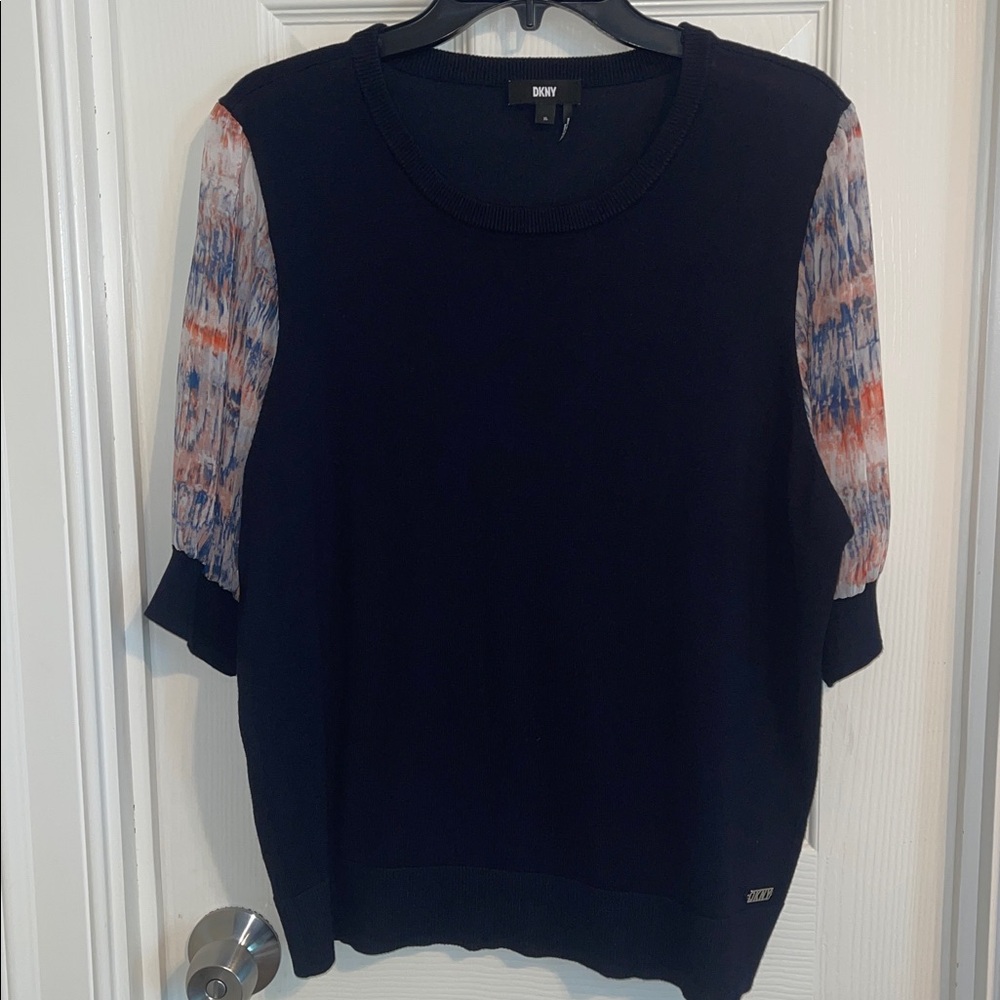 DKNY  dark Blue  Top with Multicolor Sleeves size Xl - Picture 9 of 9